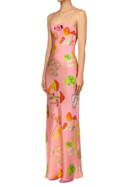 Rodarte Pink Mushroom Printed Silk Satin Tea Length Slip Dress Fashion