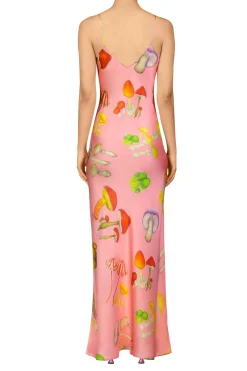 Rodarte Pink Mushroom Printed Silk Satin Tea Length Slip Dress Fashion
