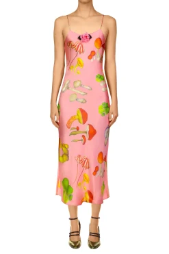 Rodarte Pink Mushroom Printed Silk Satin Slip Dress Clearance