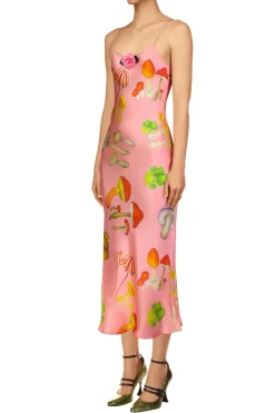 Rodarte Pink Mushroom Printed Silk Satin Slip Dress Clearance