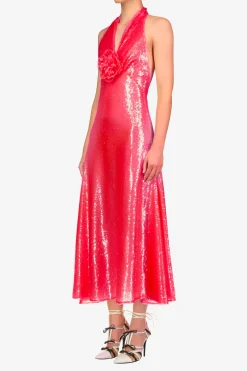 Rodarte Pink Sequin Halter Bias Dress With Flower Detail Best Sale