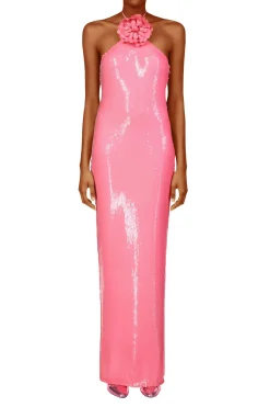Rodarte Pink Sequin Halter Gown With Flower Detail Cheap