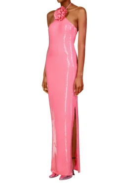 Rodarte Pink Sequin Halter Gown With Flower Detail Cheap