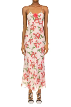 Rodarte Pink Tulip Bouquet Printed Slk Mid Length Slip Dress With Silk Flower Online