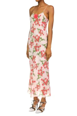 Rodarte Pink Tulip Bouquet Printed Slk Mid Length Slip Dress With Silk Flower Online