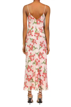 Rodarte Pink Tulip Bouquet Printed Slk Mid Length Slip Dress With Silk Flower Online