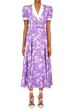 Rodarte Purple Iris Printed Silk Twill Collared Dress With Belt Detail Cheap