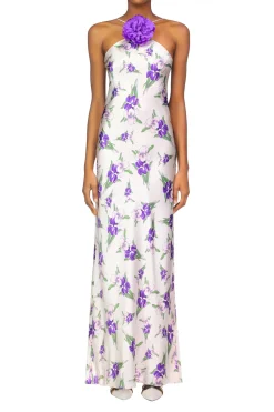 Rodarte Purple Iris Printed Silk Halter Gown With Silk Flower Detail Online