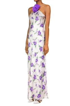 Rodarte Purple Iris Printed Silk Halter Gown With Silk Flower Detail Online