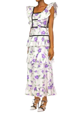 Rodarte Purple Iris Printed Silk Twill Dress With Velvet Ribbon Detail Store