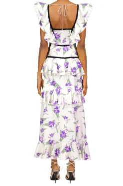 Rodarte Purple Iris Printed Silk Twill Dress With Velvet Ribbon Detail Store