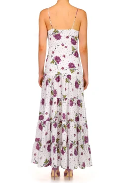 Rodarte Purple Rose Printed Silk Tiered Dress With Silk Flower Discount