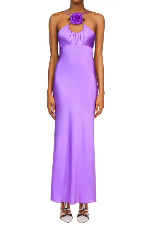 Rodarte Purple Silk Satin Bias Dress With Ruched Bust And Silk Flower Detail Outlet