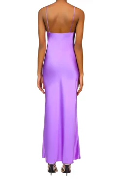 Rodarte Purple Silk Satin Bias Dress With Ruched Bust And Silk Flower Detail Outlet
