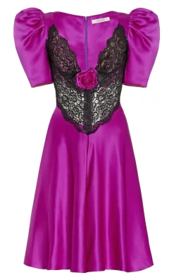 Rodarte Purple Silk Short Sleeve Mini Dress With Lace Detail Hot
