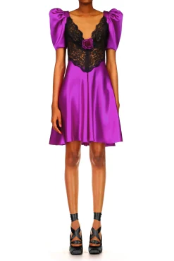 Rodarte Purple Silk Short Sleeve Mini Dress With Lace Detail Hot