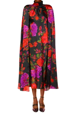 Rodarte Red And Purple Floral Silk Satin Cape Dress Clearance