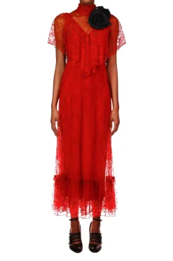 Rodarte Red Floral Lace Dress With Flower Corsage New