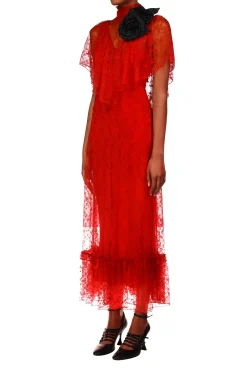 Rodarte Red Floral Lace Dress With Flower Corsage New