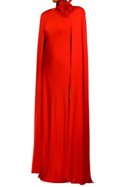 Rodarte Red Silk Satin Cape Gown With Flower Pin Store