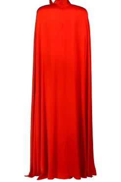 Rodarte Red Silk Satin Cape Gown With Flower Pin Store