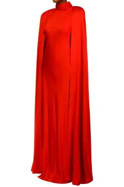 Rodarte Red Silk Satin Cape Gown With Flower Pin Store