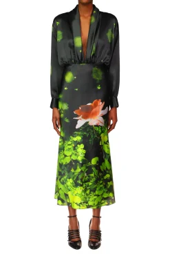 Rodarte Rose Printed Satin Bias Dress With Shawl Collar Best Sale