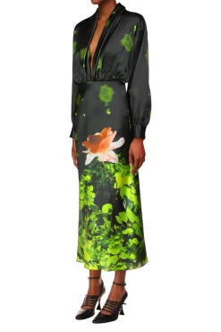 Rodarte Rose Printed Satin Bias Dress With Shawl Collar Best Sale