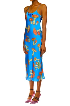 Rodarte Teal Mushroom Printed Silk Satin Slip Dress Flash Sale