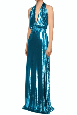 Rodarte Teal Sequin Halter Gown With Sequin Flower Detail Clearance