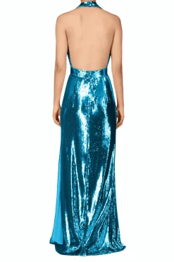 Rodarte Teal Sequin Halter Gown With Sequin Flower Detail Clearance
