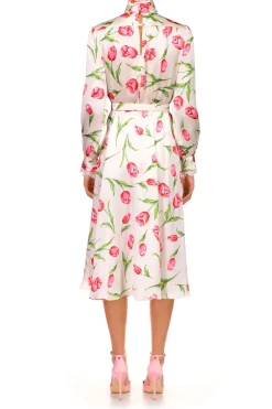 Rodarte Tulip Printed Silk Dress With Sash Tie Neck New