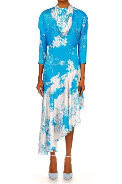 Rodarte Turquoise Floral Printed Silk Jacquard Long Sleeve Dress With Scarf Detail Cheap