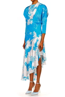 Rodarte Turquoise Floral Printed Silk Jacquard Long Sleeve Dress With Scarf Detail Cheap