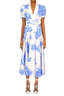 Rodarte White And Blue Floral Printed Silk Twill Collared Dress With Belt Shop