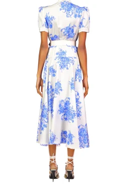 Rodarte White And Blue Floral Printed Silk Twill Collared Dress With Belt Shop
