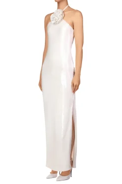 Rodarte White Sequin Halter Gown With Flower Detail Cheap
