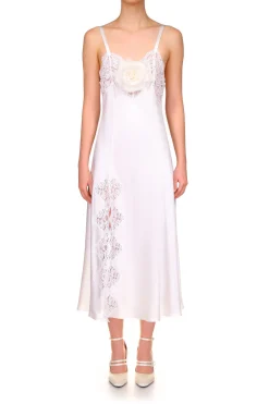 Rodarte White Silk Satin And Lace Bias Slip Dress With Slit And Rose Store