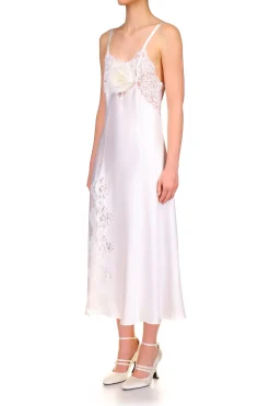 Rodarte White Silk Satin And Lace Bias Slip Dress With Slit And Rose Store