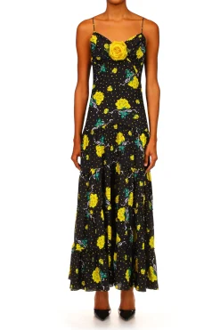 Rodarte Yellow Rose Printed Silk Tiered Dress With Silk Flower New