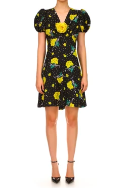 Rodarte Yellow Rose Printed Silk Short Sleeve Mini Dress With Silk Flower Hot