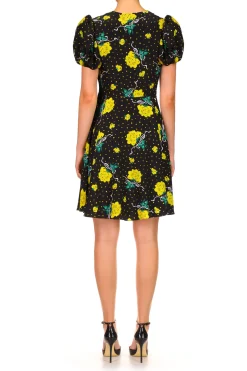 Rodarte Yellow Rose Printed Silk Short Sleeve Mini Dress With Silk Flower Hot