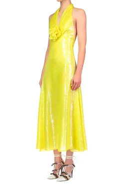 Rodarte Yellow Sequin Halter Bias Dress With Flower Detail Cheap