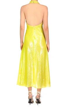 Rodarte Yellow Sequin Halter Bias Dress With Flower Detail Cheap