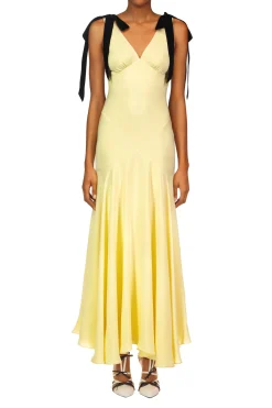 Rodarte Yellow Silk Crepe Bias Dress With Black Velvet Ribbon Bow Detail Sale