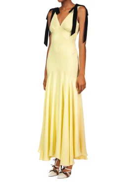 Rodarte Yellow Silk Crepe Bias Dress With Black Velvet Ribbon Bow Detail Sale