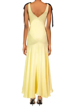 Rodarte Yellow Silk Crepe Bias Dress With Black Velvet Ribbon Bow Detail Sale